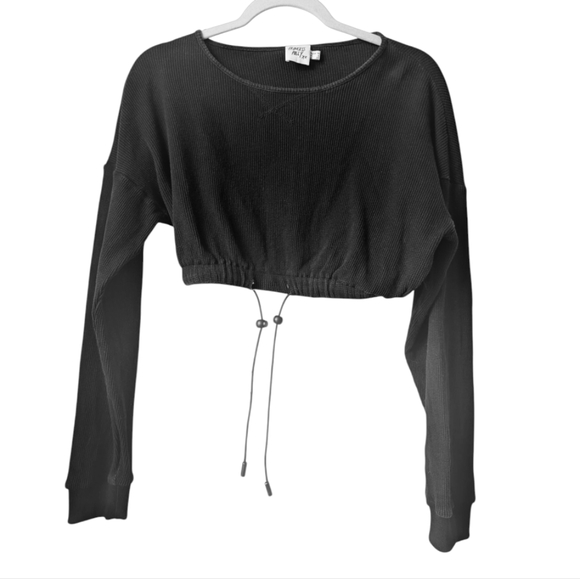 Princess Polly Tops - Princess Polly Black Cropped Thermal Drawstring Top Size 6